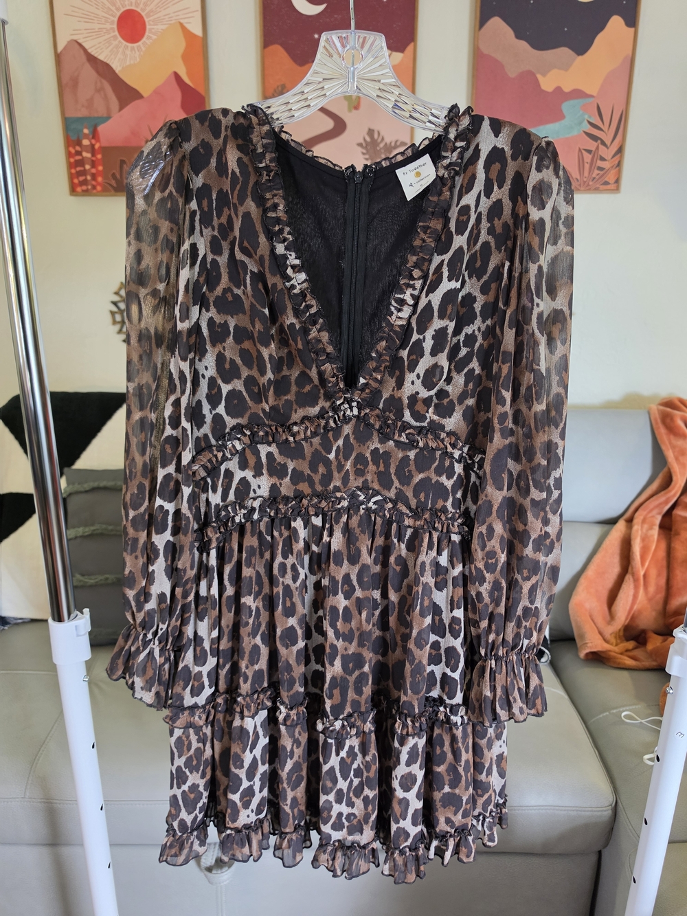Leopard Print Sheer Ruffle Dress Long Sleeve Deep V Tiered Mini Size Small